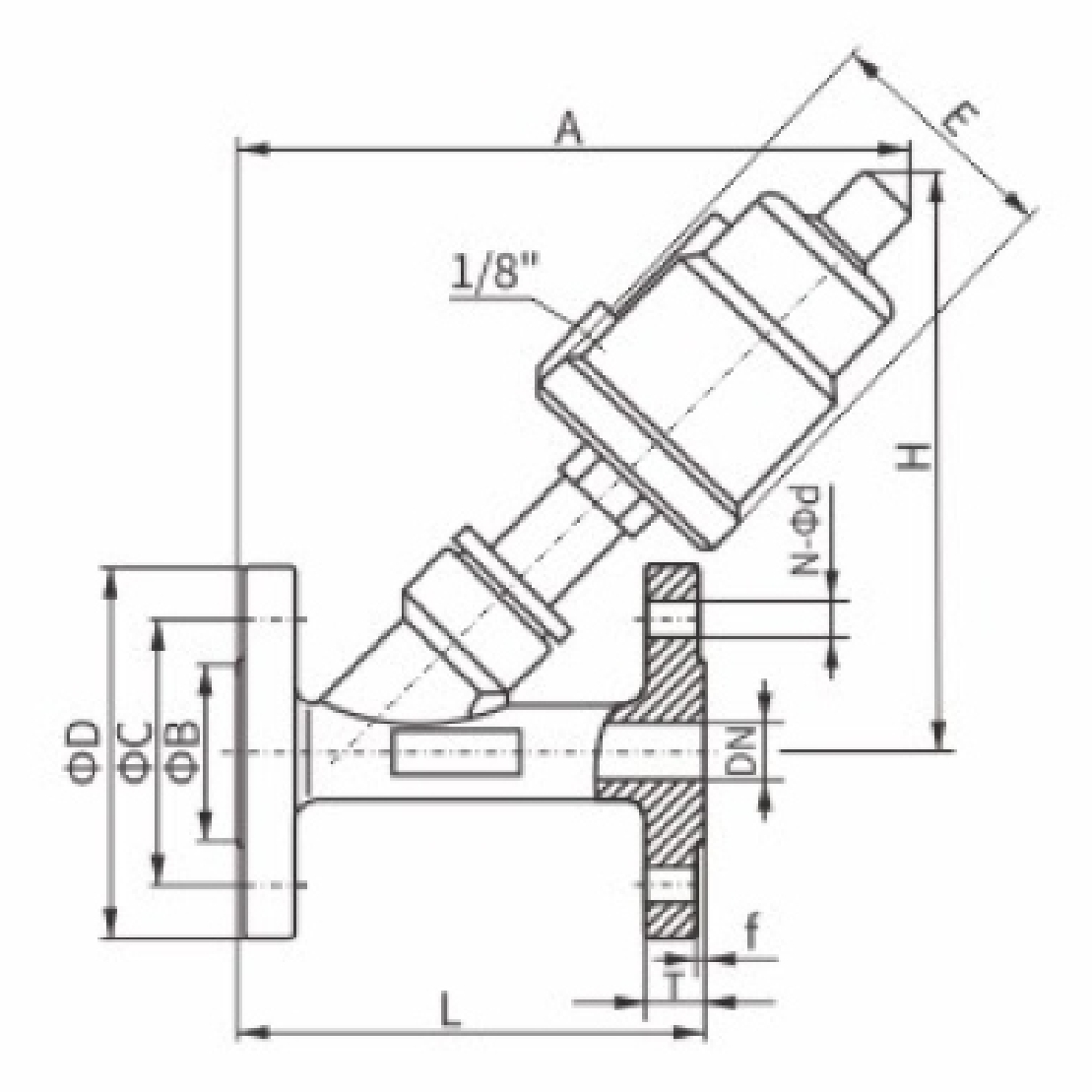 Pneumatic flanged angle seat valve